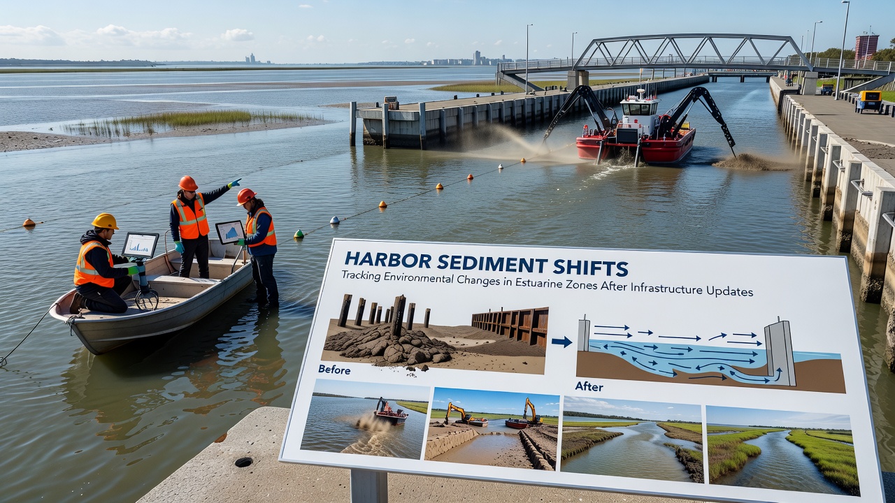 Scientists deploying sediment sampling devices from a research vessel in an estuarine harbor during low tide