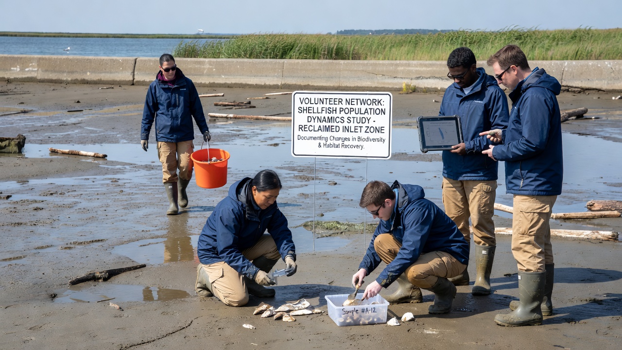 Close-up of volunteer measuring oyster shells on a data sheet beside a reclaimed inlet